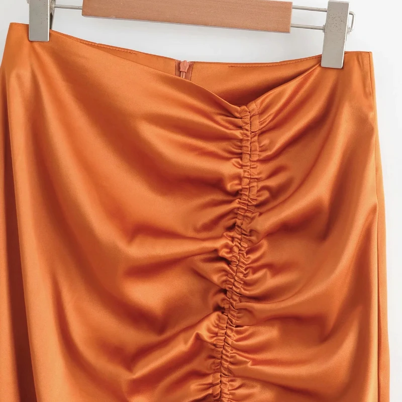 

Women Pleated Calf Length Skirt Zipper High Waist Spring Summer Fashion 2021 Female Sweet Orange Shirring A Line Dresses BHN0281