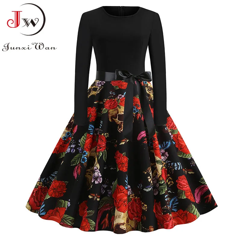

Autumn Winter Long Sleeve Vintage Party Dress Women Elegant Halloween Dress O Neck Black Print Sundress Robe
