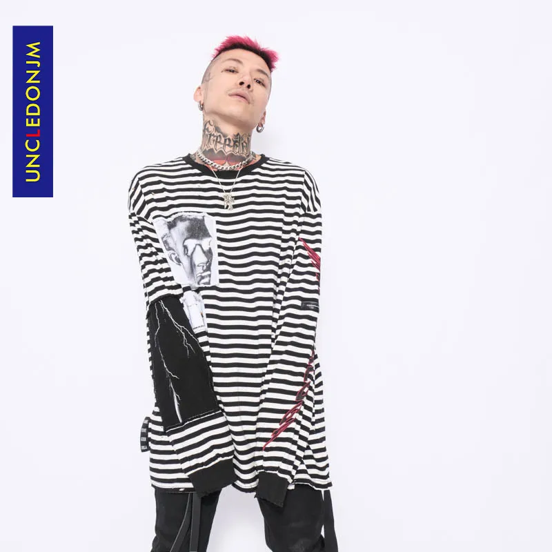 

UNCLEDONJM Striped long sleeve T-shirt Men Hip Hop Streetwear Harajuku tee 2021 Spring Summer Oversized men clothing