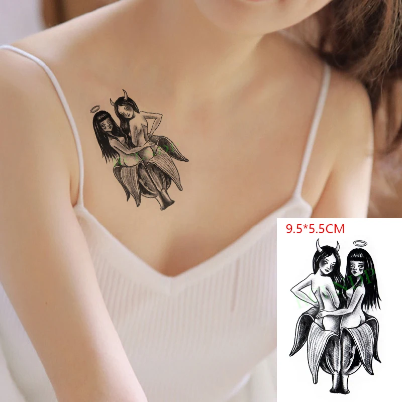 Waterproof Temporary Tattoo Sticker Angel and Demon Girl Banana Body Art Flash Tatoo Fake Tatto for Woman Men | Красота и здоровье