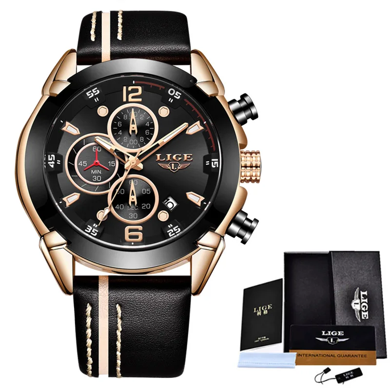 

Mens Watches LIGE New Fashion Waterproof Sport Quartz Watch Men Top Brand Luxury Black Leather Chronograph Relogio Masculino+Box