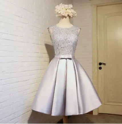 Серебристый Платья для праздника de casamento2019 Новое Кружевное атласное ТРАПЕЦИЕВИДНОЕ Шампанское золотое бордовое розовое серебряное короткое платье подружки невесты свадебное - Цвет: Серебристый