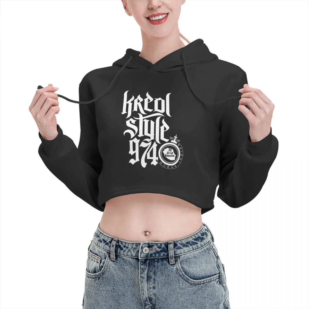 

Open navel Cat Ear Hoodie Sweater Kreol Style 974 White Hooded rope Nerdy sexy Print R248 pullover