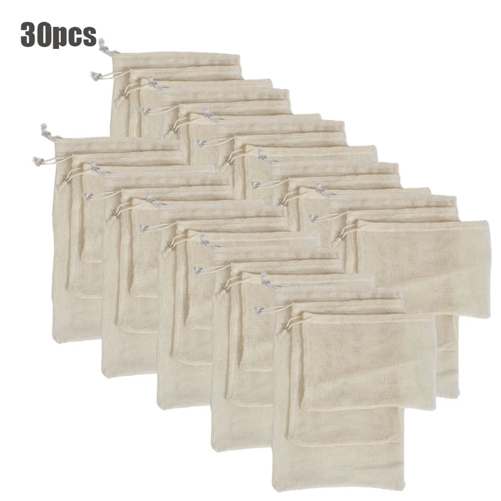 30pcs 30 шт 15 шт многоразовые производят сумки Органический Хлопок Моющиеся сетчатые мешки для продуктовых покупок фрукты органайзер для овощей сумка для хранения - Цвет: 30pcs