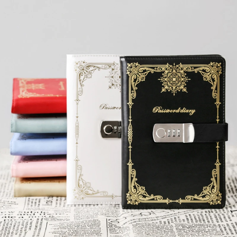 

Vintage Style PU Cover Diary Notebook Journal Bronzing Notepad With Code Lock Vintage Secret Book European Luxury Lock Notebook