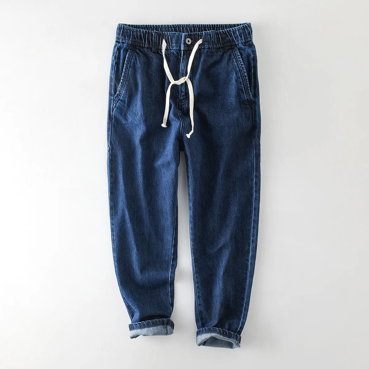 

Men's Casual Jeans Blue Retro Elastic Waist Drawstring Loose Cowboy Pants Fashion 2021 Spring New Straight Trouser