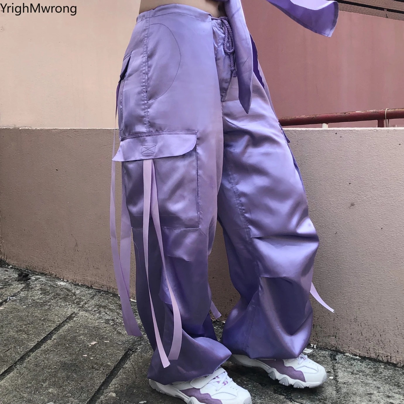 Костюм карго женский с завязкой атласный свободный спортивный костюм лентами и