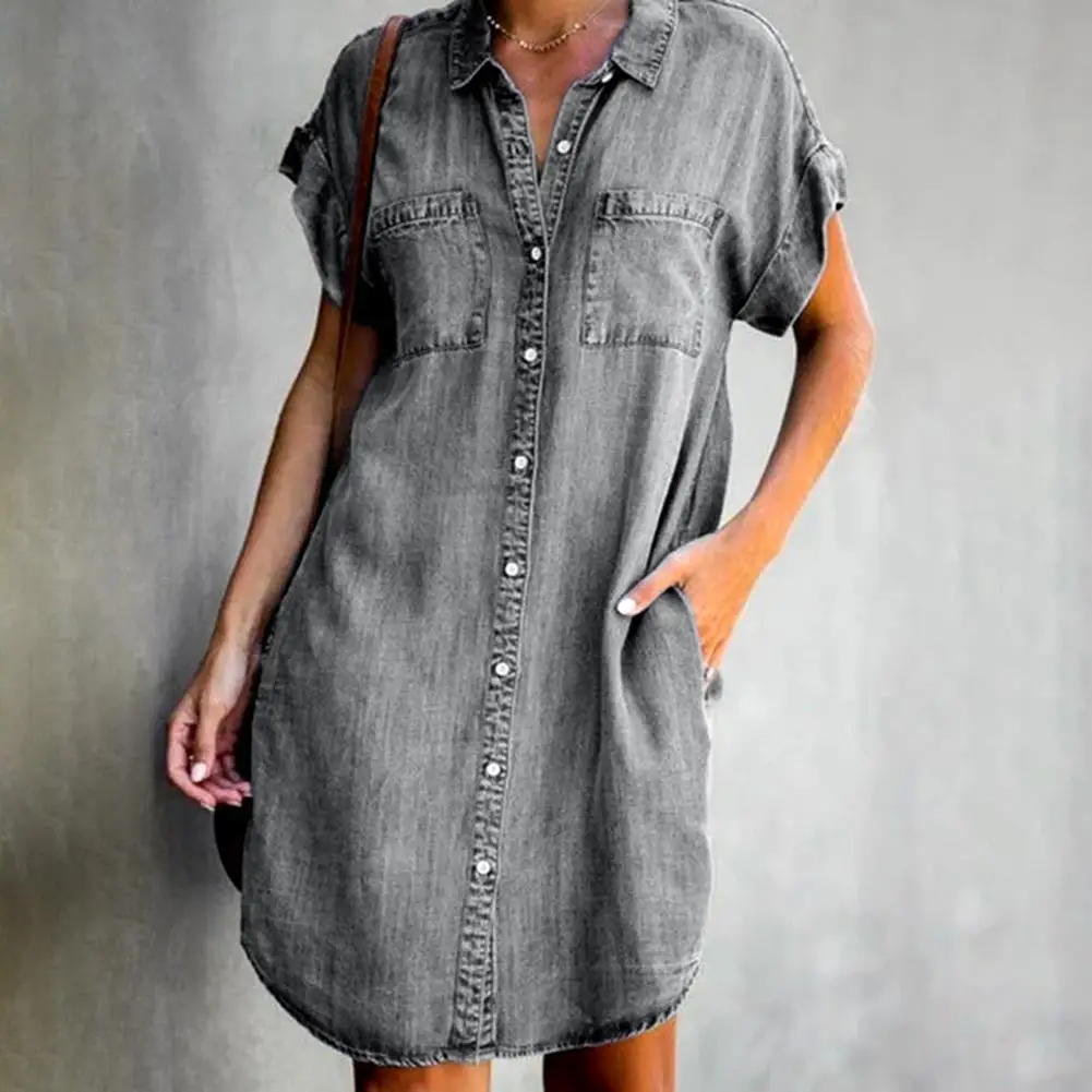 

Women Summer Fashion Shirt Dress Short Sleeve Pockets Single-Breasted Irregular Hem Knee-Length Loose Dresses Women's Jean Dress
