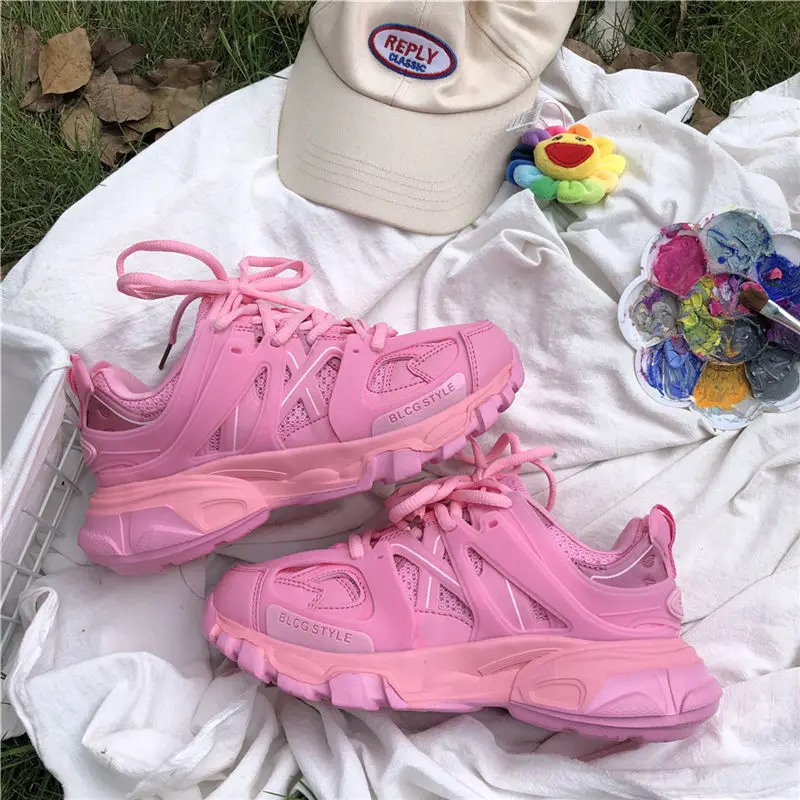 

2023 Lovely Pink Chunky Sneakers Women 2023 Thick Sole Girls Sport Shoes Bright Green Fashion Casual Dad Shoes Female Footwear