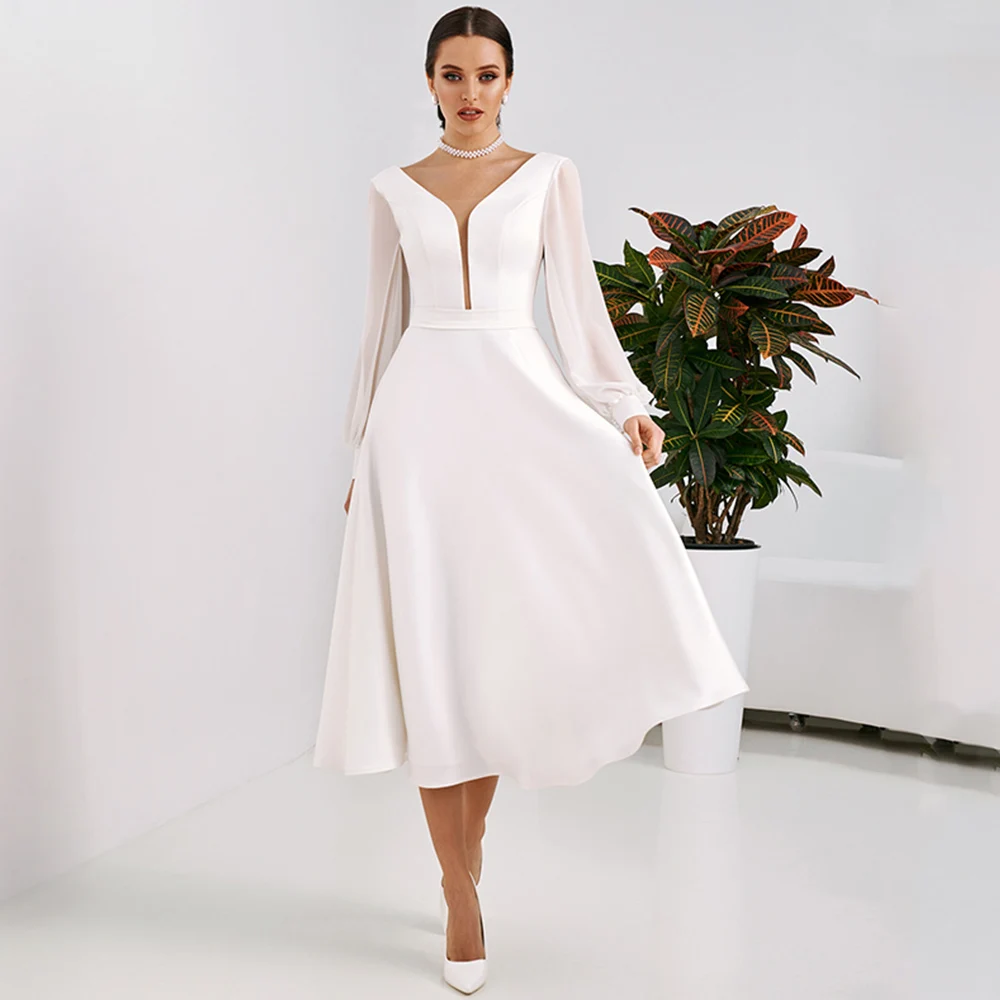 

Сдержанное прозрачное свадебное платье до середины икры 2021, однотонный корсет с V-образным вырезом, индивидуальный пошив, свадебные платья ...