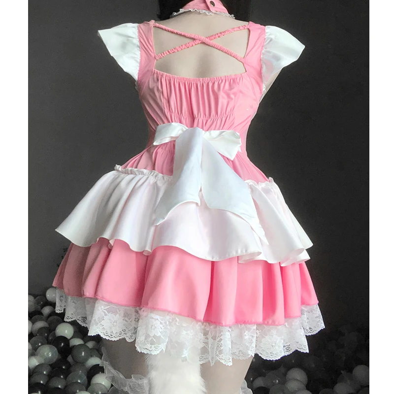 

Women Pink Sexy Lingerie Cosplay Costumes Servant Lolita Kawaii Babydoll Dress French Apron Maid Cosplay Erotic Outfit 0494