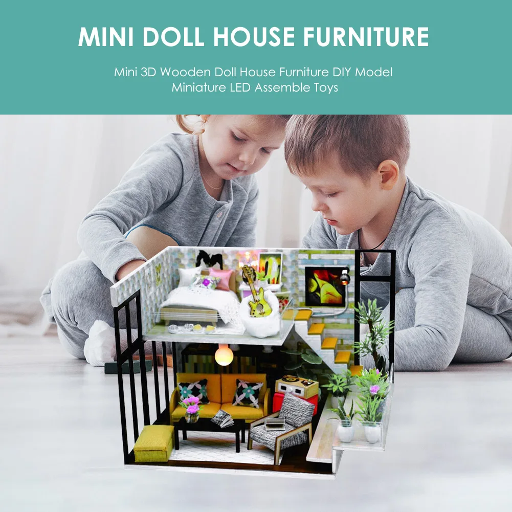 

Mini Doll House Furniture Kit DIY Model Miniature Puzzle Assemble 3D Wooden Dollhouse with LED Light Kid Toys for Children Gifts