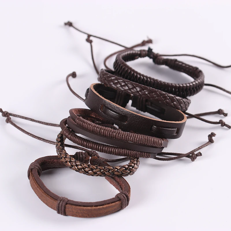 

6-piece set of black wrapped woven new fashion handmade men's bracelets men's and women's leather bracelets men's bracelets whol