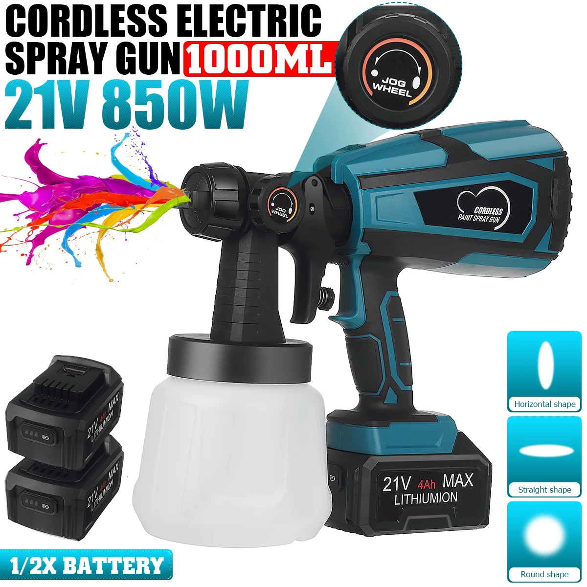 

21V 850W Cordless Spray Gun High Power Home Electric Paint Sprayer 1.8/2.5mm Nozzle 1000ml Easy Spraying Paint Gun Power Tools