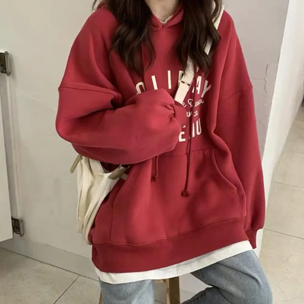 Women Hoodies Autumn Winter Long Sleeve Letters Print Pocket Loose Hoodie Sweatshirt Blouse Ladies Soft Warm Oversize Pullovers