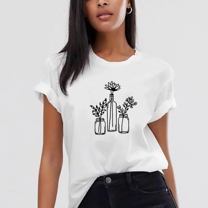 

Flower Funny T Shirt Women Cotton Harajuku Tshirt Women Shrot Sleeve Loose Camiseta Mujer Black White Tee Shirt Femme T-shirt
