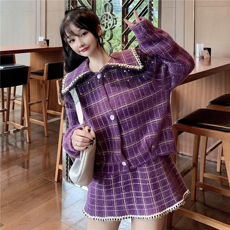 

Big Size 4XL Women Autumn Winter 2 Piece Outfits Dress Sets Imitation Mink Plaid Peter Pan Collar Jacket&High Waist A Line Skirt