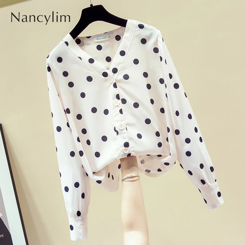 

V-Collar Polka Dot Chiffon Shirt Women's Long Sleeve Top Spring Autumn Blouses Lady Top All-Match Blusas