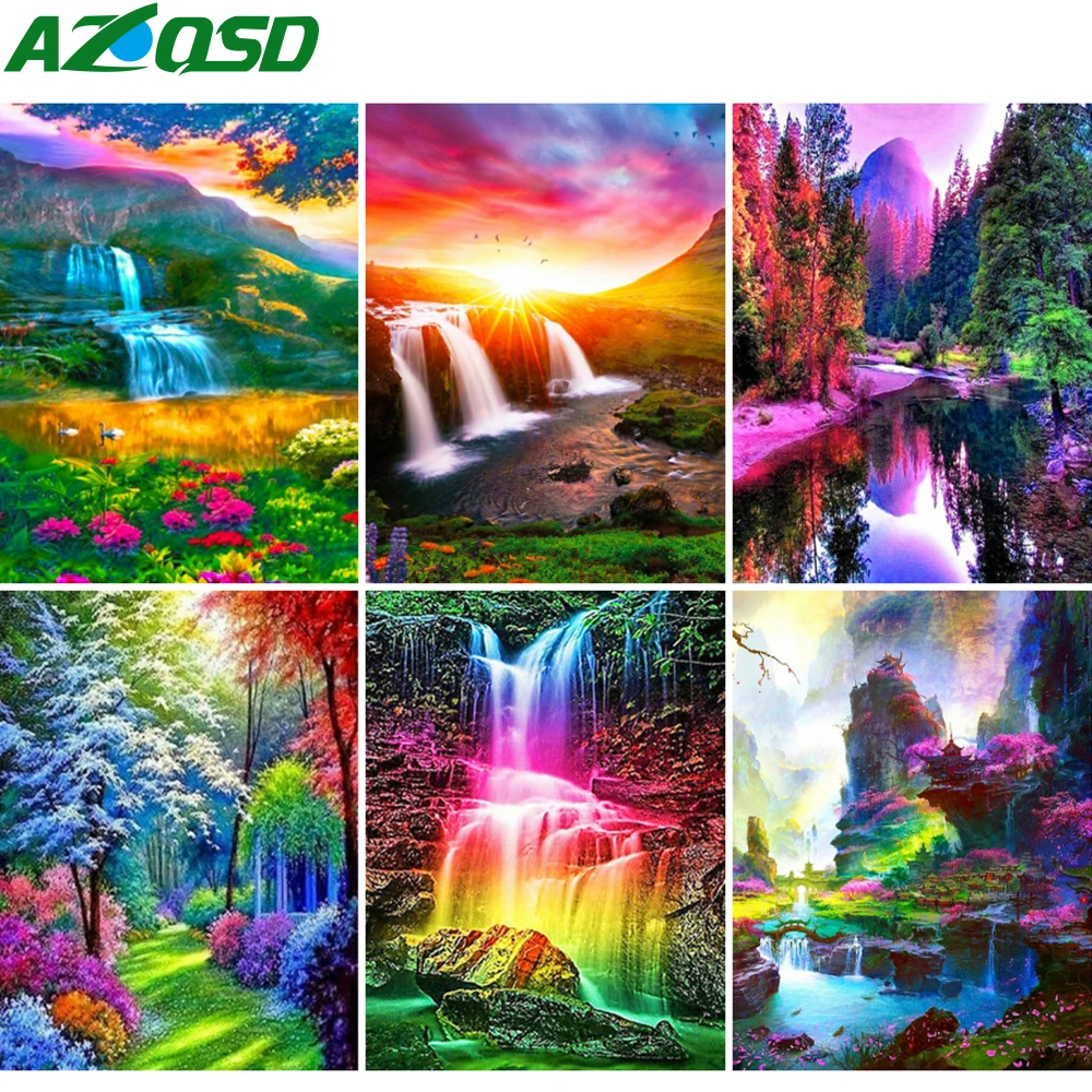 

AZQSD Diamond Painting Waterfall Sunset Cross Stitch Needlework Diamond Embroidery Mountain Scenery Mosaic Rhinestone Home Decor