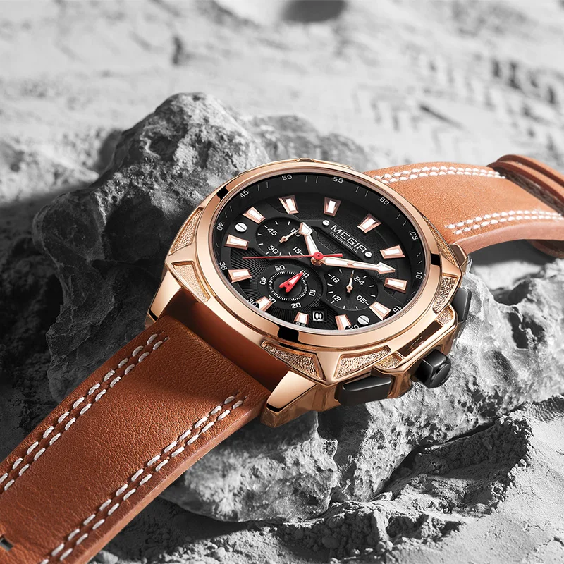 Часы мужские кварцевые с хронографом водонепроницаемые кожаным ремешком |