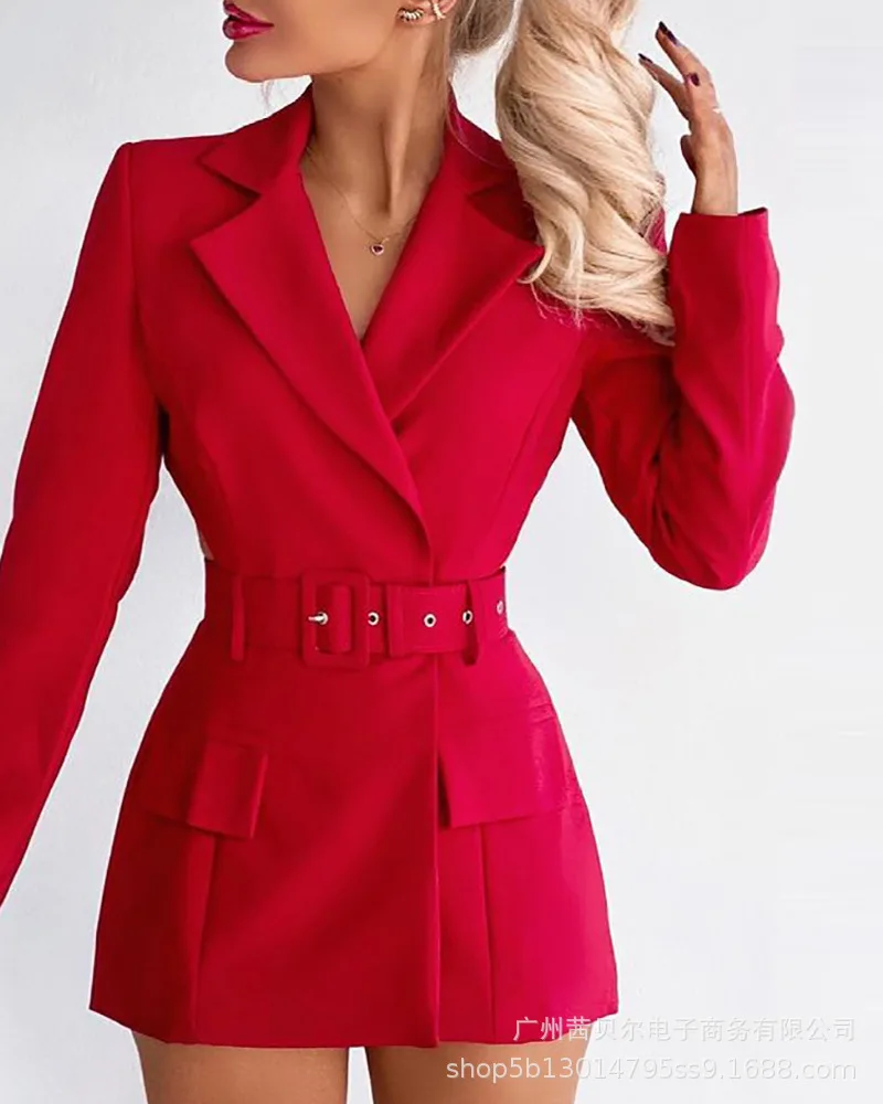 

Mini Dress Women 2021 Autumn Fashion Elegant Office Casual Sashes Loose Long Sleeve Notched Above Knee Dress