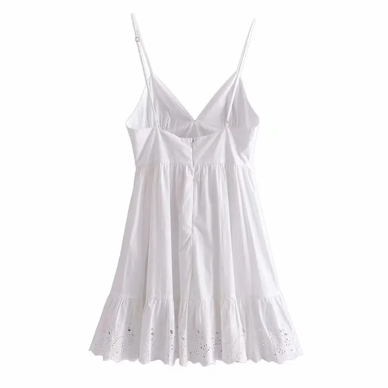 

2021 summer new women's dress with suspenders embroidered hollow V-neck poplin white dress for women