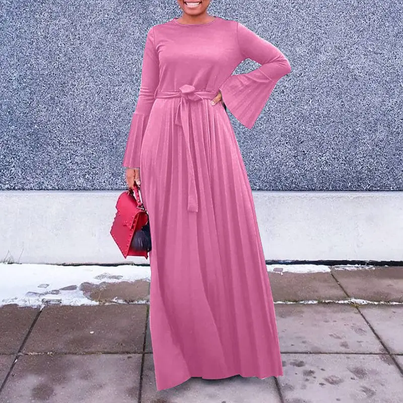 

Autumn Long Flare Sleeve Baggy Dress With Belt VONDA Women Casual O-Neck Pleated Robe Ladies Long Sundress Oversize Vestidos