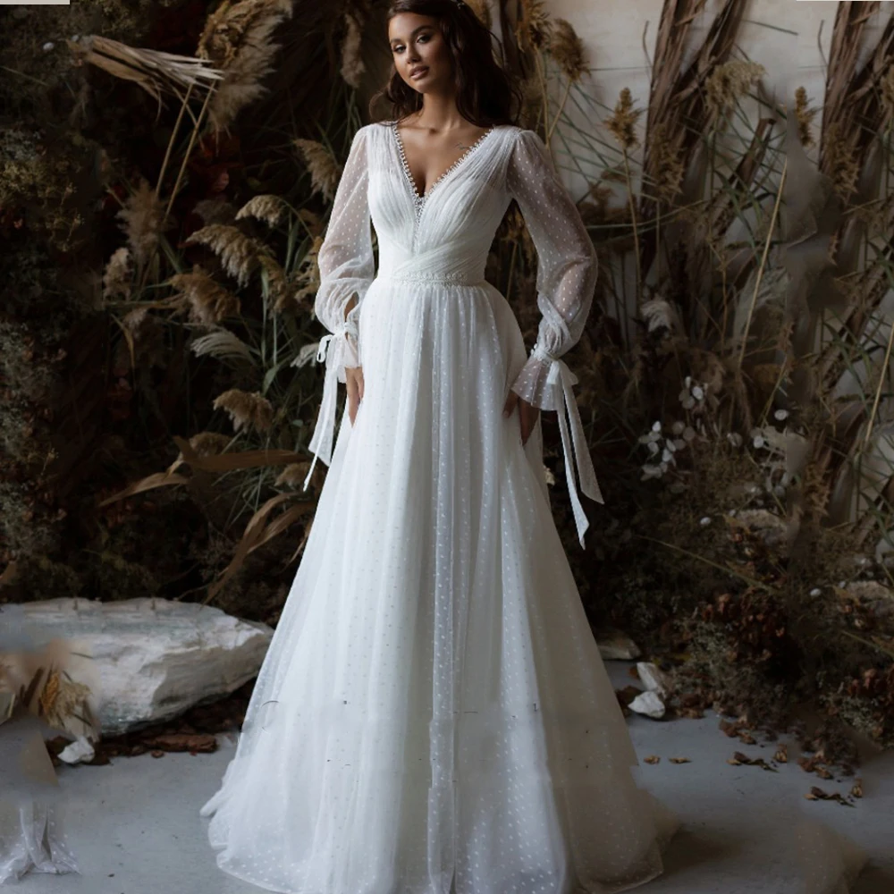 

Princess Boho Wedding Dresses 2021 V-Neck Long Sleeves Modern Polka Dot Tulle Bohemian Wedding Gown Backless White Boehmian