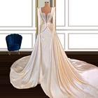 Женское свадебное платье с длинным шлейфом, белое платье с жемчужинами и V-образным вырезом, большие размеры