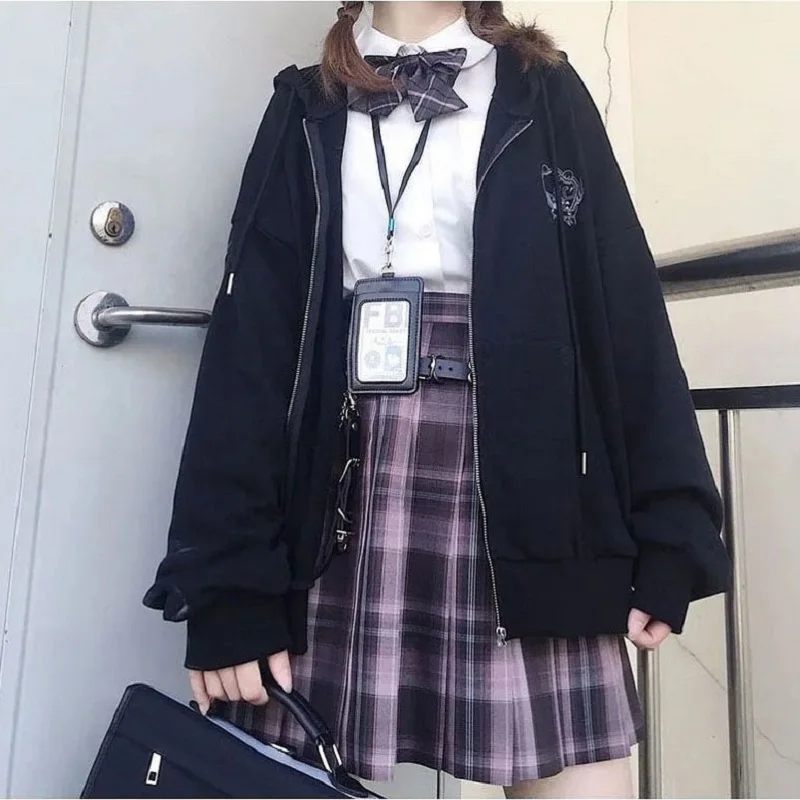 

Harajuku Sweater sweatshirt letter print girl plush vintage cardigan hooded hoodie loose coat top zipper oversize women y2k size