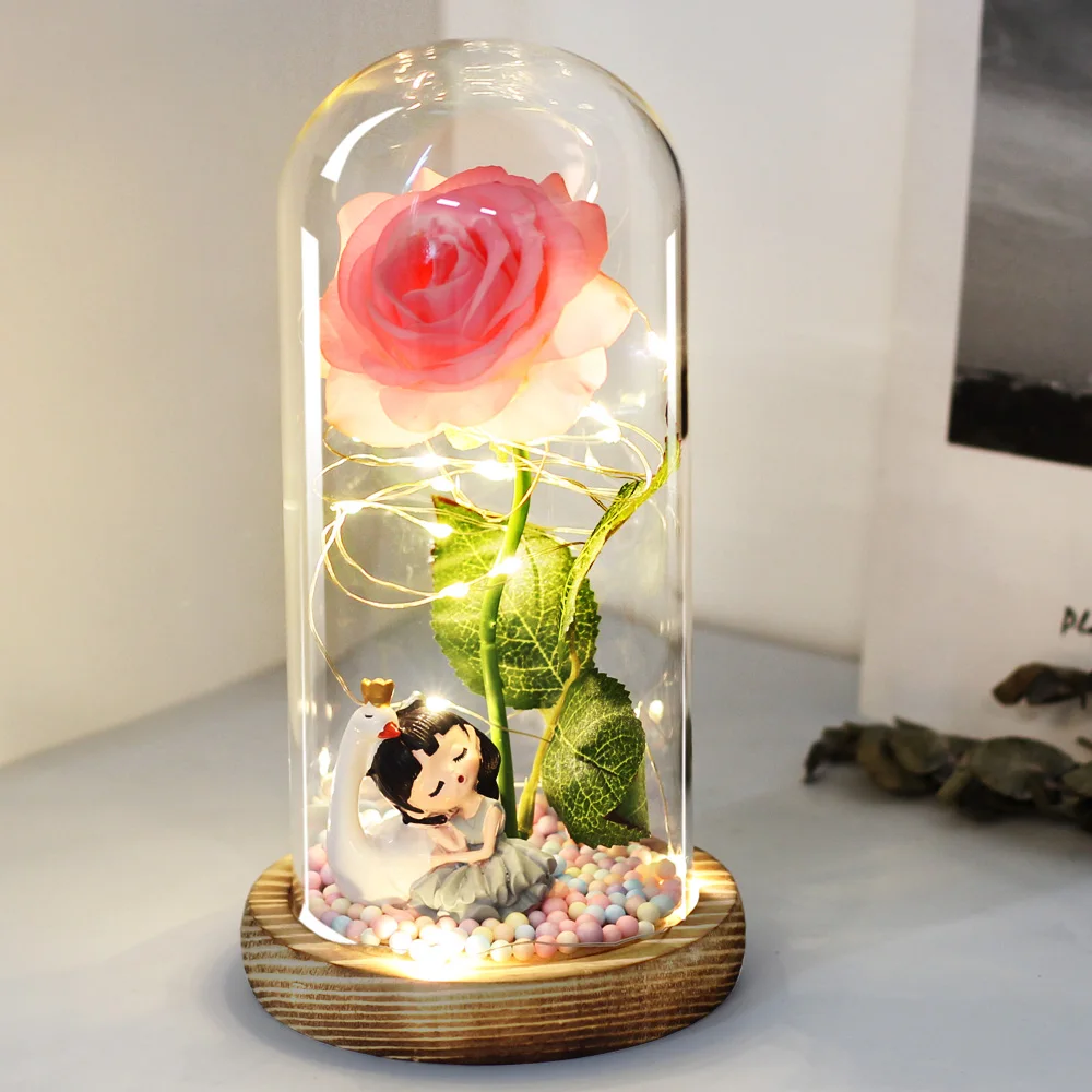 New Valentine's Day Gift LED Light Rose Gold Plated Red Glass Dome Belle And The Beast Roses For Mothers Wedding Party | Дом и сад