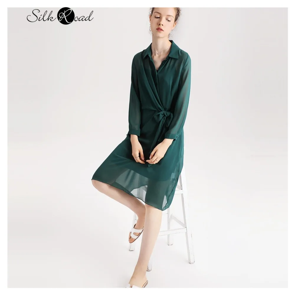 

Темно-зеленое платье-рубашка Silviye с поясом, однотонное платье из натурального шелка тутового шелкопряда, платье средней длины с длинным рукавом