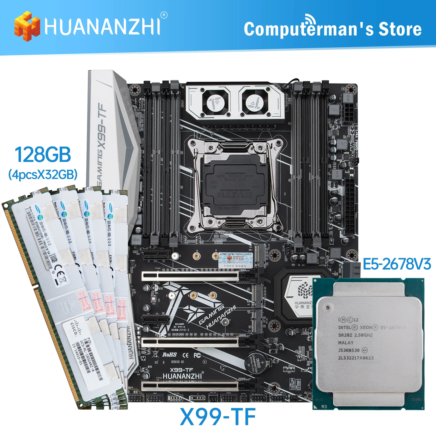 

HUANANZHI X99 TF Motherboard combo kit set CPU Intel XEON E5 2678 V3 Memory 4*32G DDR3 ECC 1866 memory M.2 NVME USB3.0 ATX