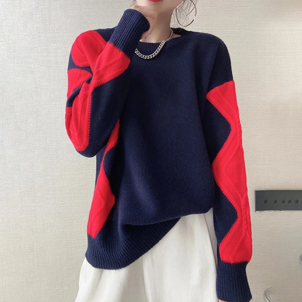 

Korea Fashion Ladies Pullover New Round Neck Sweater Wild Loose Niche Color Matching Long-sleeved Top Autumn Casual Lady Clothes