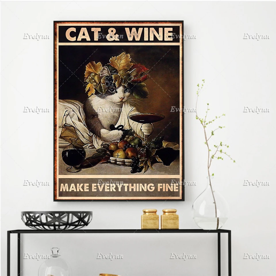 

Cat And Wine Make Everything Fine Poster, Black Cat Poster, Drinking Wine Poster, Home Decor Prints Wall Art Canvas Unique Gift