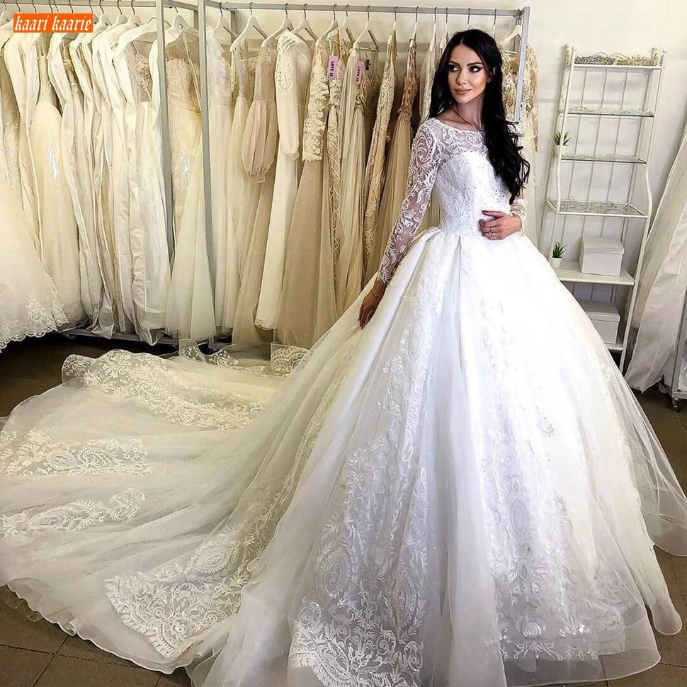 

Luxury Chapel Train Wedding Dress White Lace Appliqued Ball Gown Bridal Dresses Long Sleeves Custom Made 2020 Vestido De Noiva