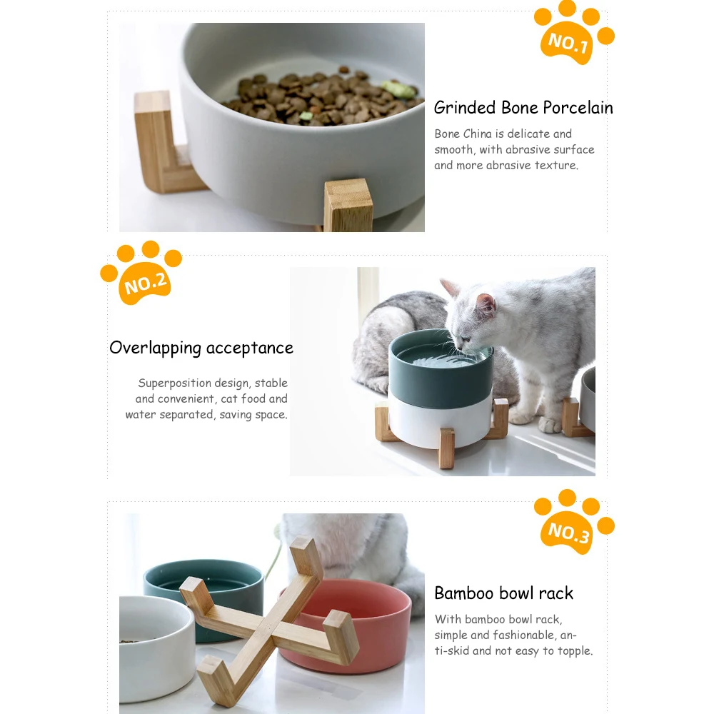 

Ceramic Cat Dog Bowl Dish With Wood Stand No Spill Pet Food Water Feeder Cats Small Dogs Pet Bowl Cat and Dog Feeding Supplies