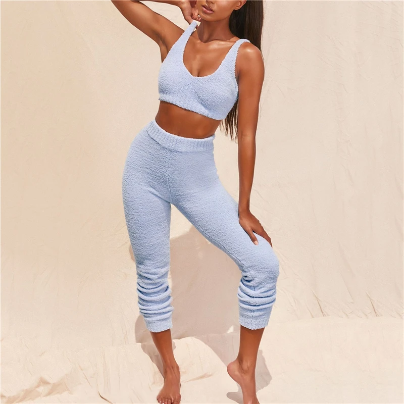 

New Fashion Plush Pajamas Set Women V-neck crop top & long trousers Two-piece Suit Ladies Autumn Winter Sleepwear Home Clothing