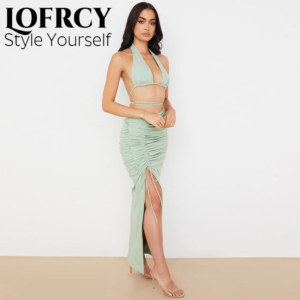 

Lofrcy Green Halter Self-Tie Drawstring Polyester Summer 2 Piece Dress Club Outfits For Women Holiday Sundressess