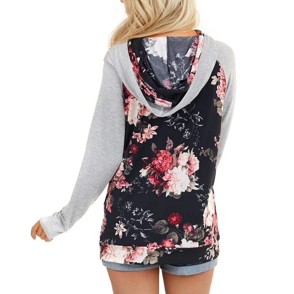 New Sweatshirt Women Fashion Floral Print Long Sleeve Drawstring Hoodie Double Cap Tops clothes sudaderas para mujer | Женская одежда