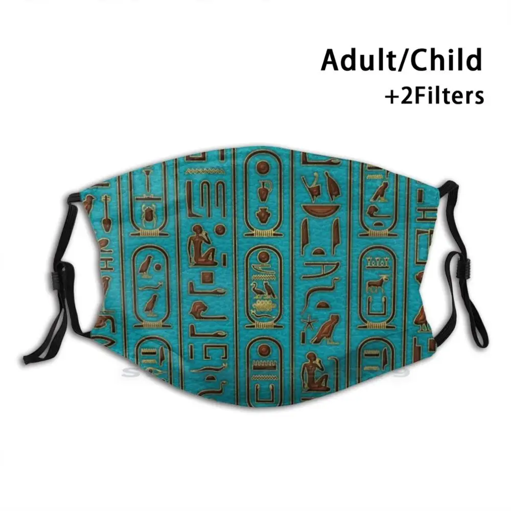 

Маска для лица, из египетской золотой кожи, с иероглифами, с тиснением на бирюзовом цвете, для взрослых и детей, моющаяся, с фильтром, египетский фараон
