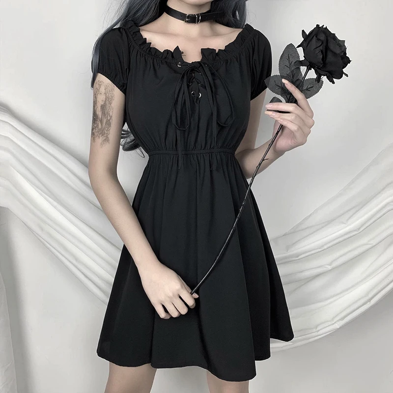 

Sexy Off Shoulder Black Dresses Gothic Harajuku High Waist Dress Summer Mini A-line Solid Black Casual Dresses