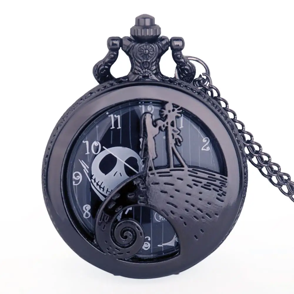 Горячая продажа черные Sally Jack Skellington дизайн кварцевые карманные часы ожерелье