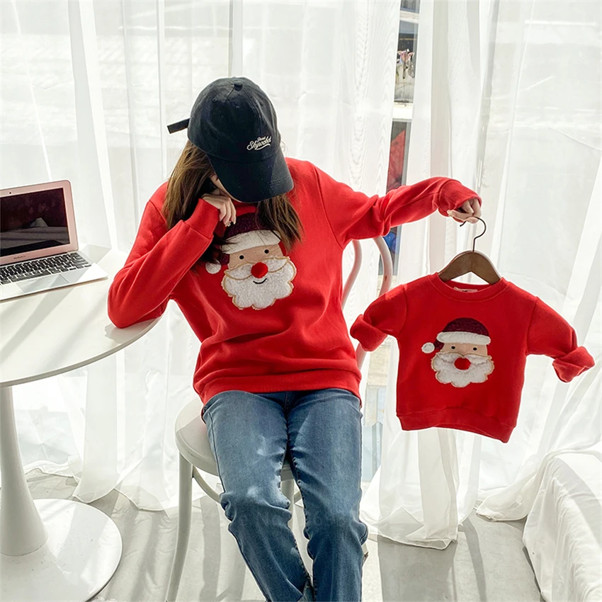 

New Year Christmas Costumes Family Matching Clothes Hoodie Xmas Tree Elk Homewear Winter Warm Romper Mommy and Daughter Son