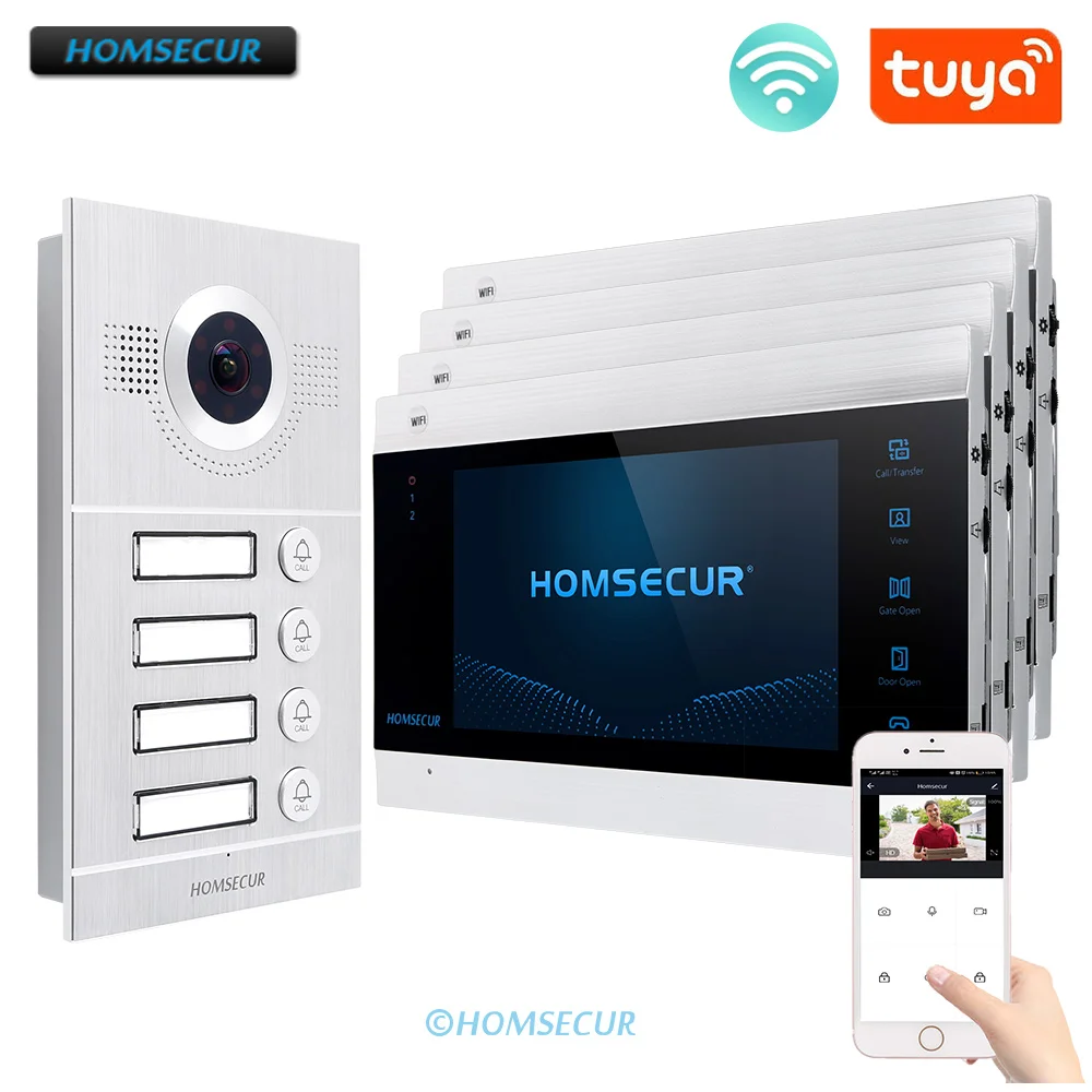 

HOMSECUR 7" WIFI Video Door Phone Intercom System With IR Night Vision For 4 Apartment BC121HD-4S+BM705WF-B