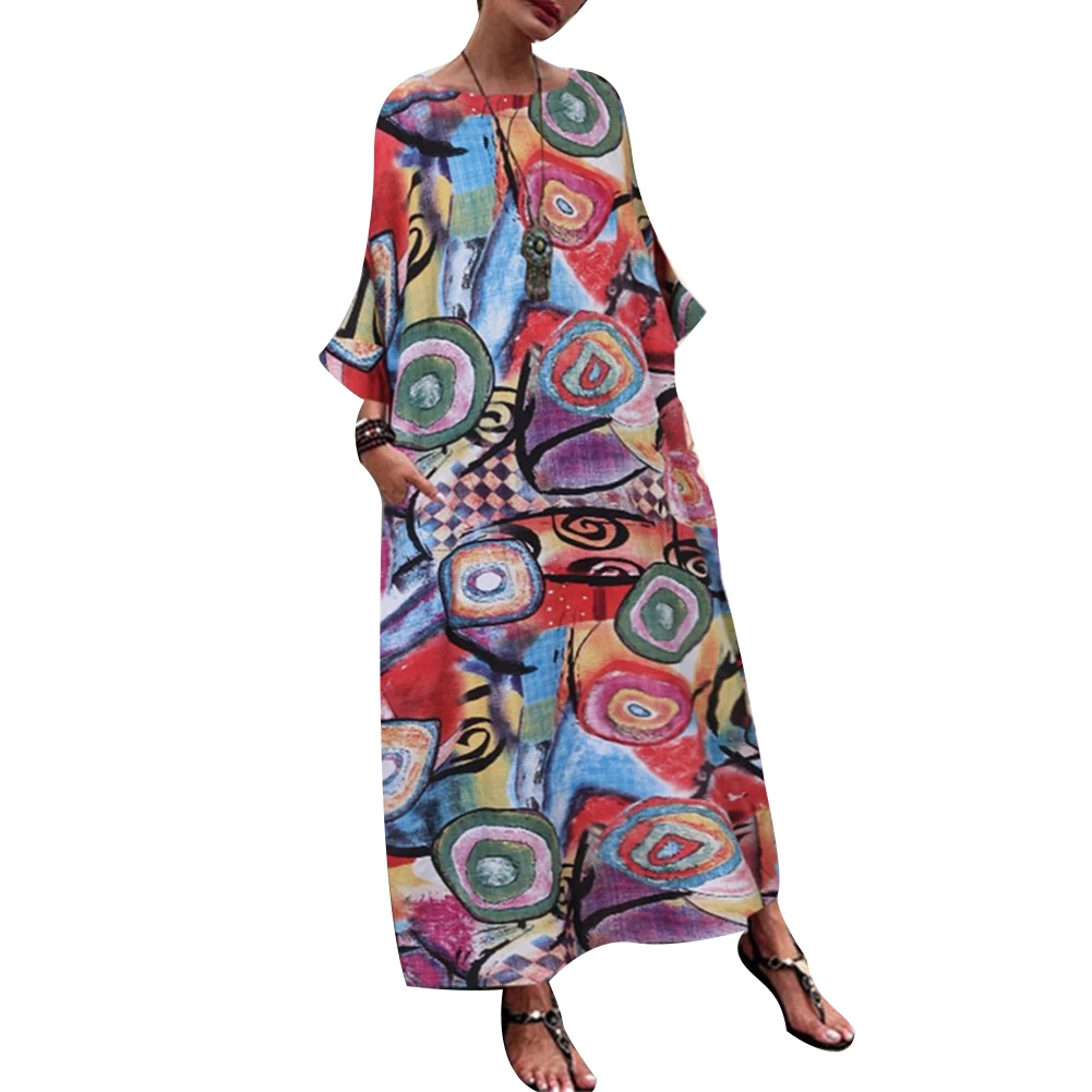 

Женское платье с цветочным принтом, длинным рукавом и круглым вырезом