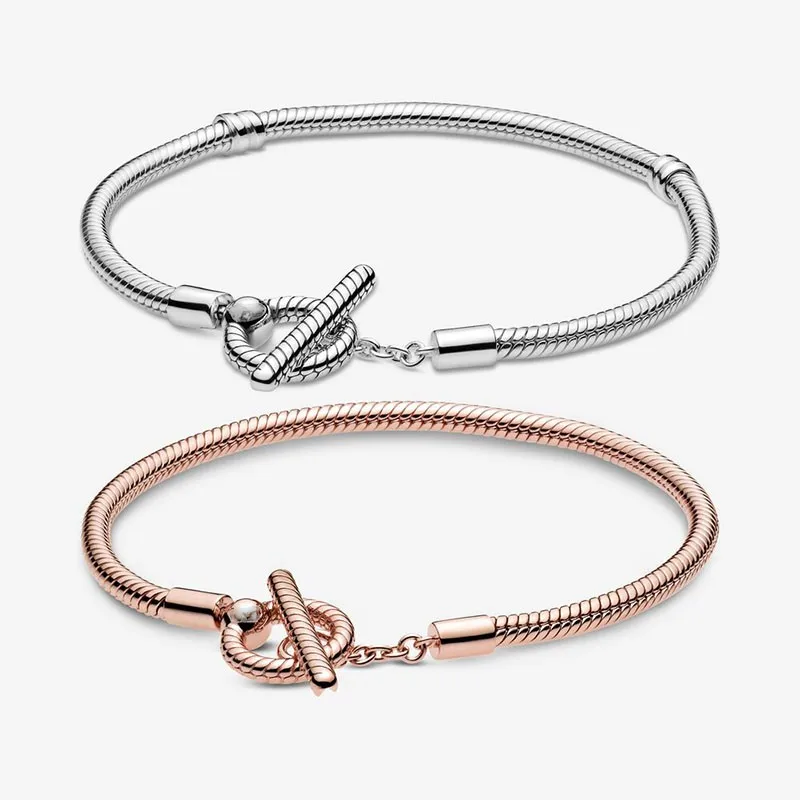 

925 Sterling Silver Rose Gold Open Type Close Set Round Button Pan Bracelet Fit Fine Original Pan Bead Charm Diy Jewelry