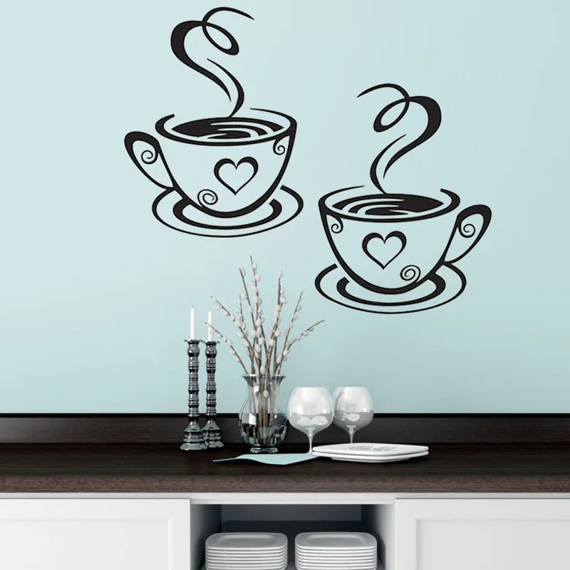 

New Double Coffee Cups Wall Sticker PVC Vinyl Art Wall Decals Adhesive Stickers Kitchen Room Decor