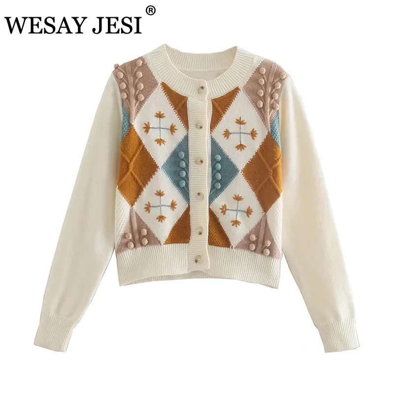 

Женский свитер WESAY JESI Za, милый вязаный жаккардовый кардиган с круглым вырезом, модная винтажная женская верхняя одежда с длинным рукавом, ши...