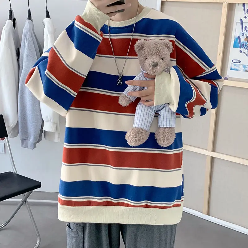 

2020 мужские принт в полоску; Свободное пальто с круглым вырезом хлопковые повседневные толстовки Молодежная мужская одежда 2 цвета кофты S-2XL